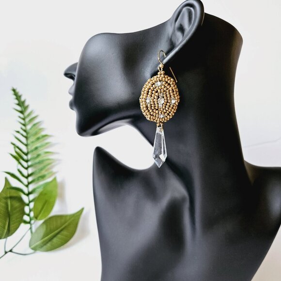 2/$27 | Gold + Crystal Shield Beaded Indigenous Hoop Earrings | Handmade - Picture 6 of 6